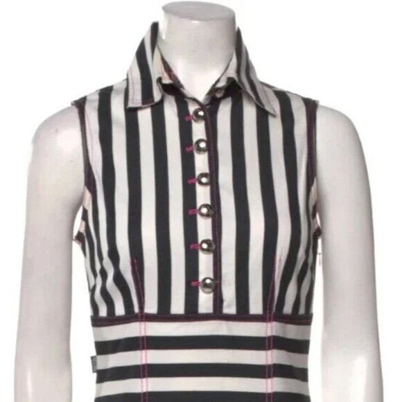 MOSCHINO JEANS BLACK WHITE STRIPED PINK STITCH BUTTON VINTAGE 1990S DRESS USA 8 - Picture 4 of 16